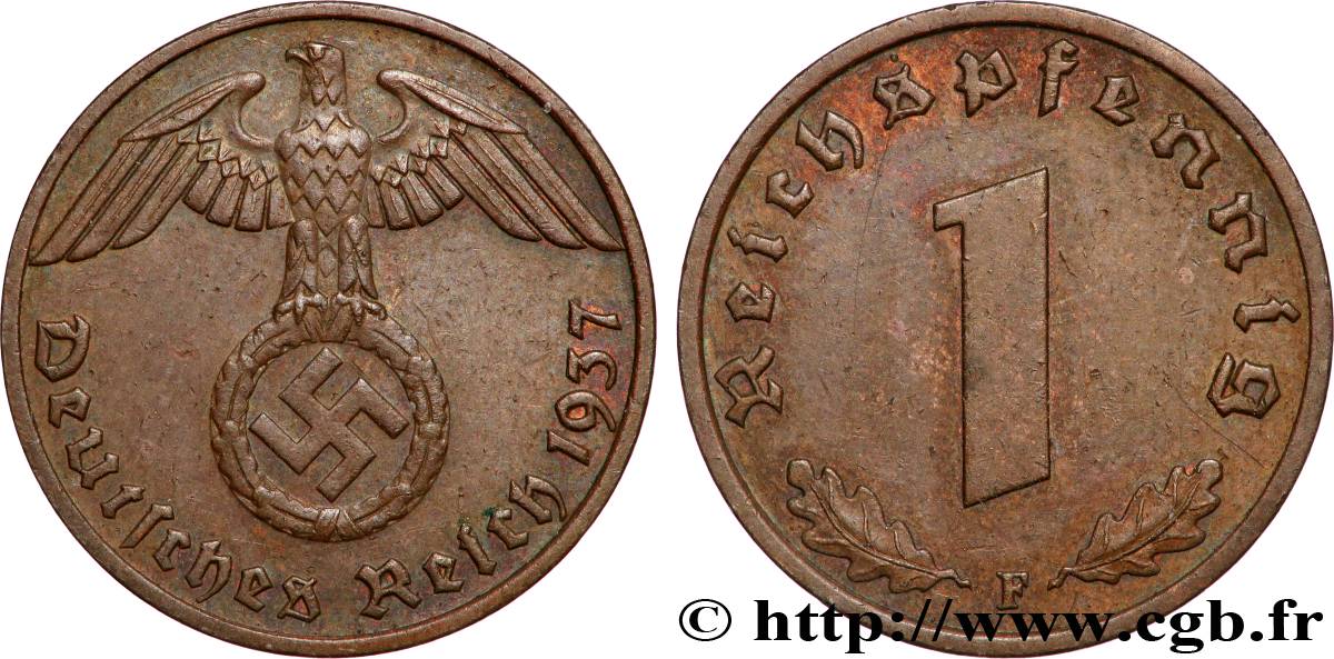 DEUTSCHLAND 1 Reichspfennig aigle et swastika 1937 Stuttgart fVZ