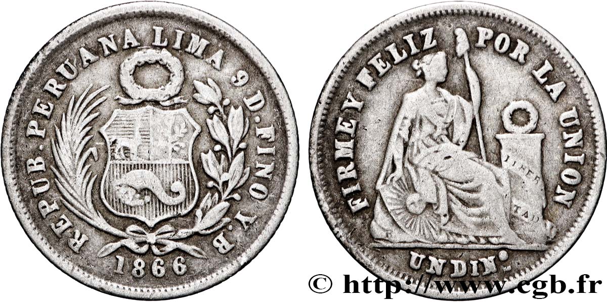 PERU 1 Dinero 1866 Lima VF