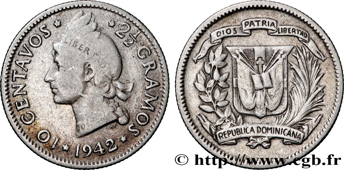 RÉPUBLIQUE DOMINICAINE 10 Centavos 1942  TTB