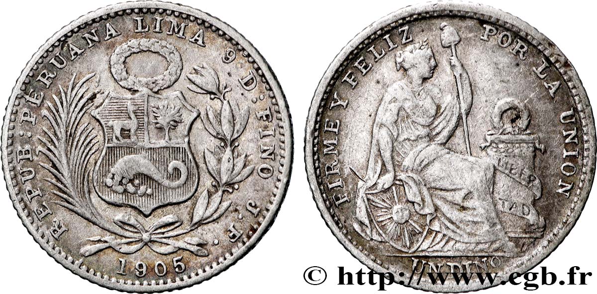 PÉROU 1 Dinero 1905 Lima TTB