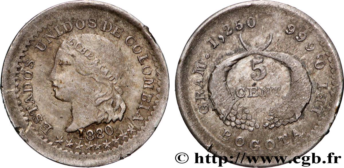 COLOMBIE 5 Centavos tête de la Liberté 1880 Bogota TB+