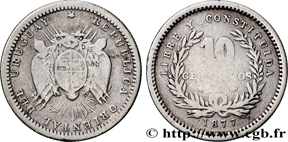 URUGUAY 10 Centesimos 1877 Paris TB+