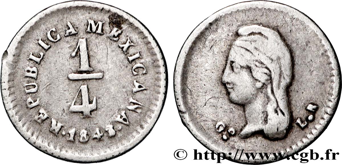 MEXIQUE - RÉPUBLIQUE 1/4 Real 1843/2 Guanajuato TTB+