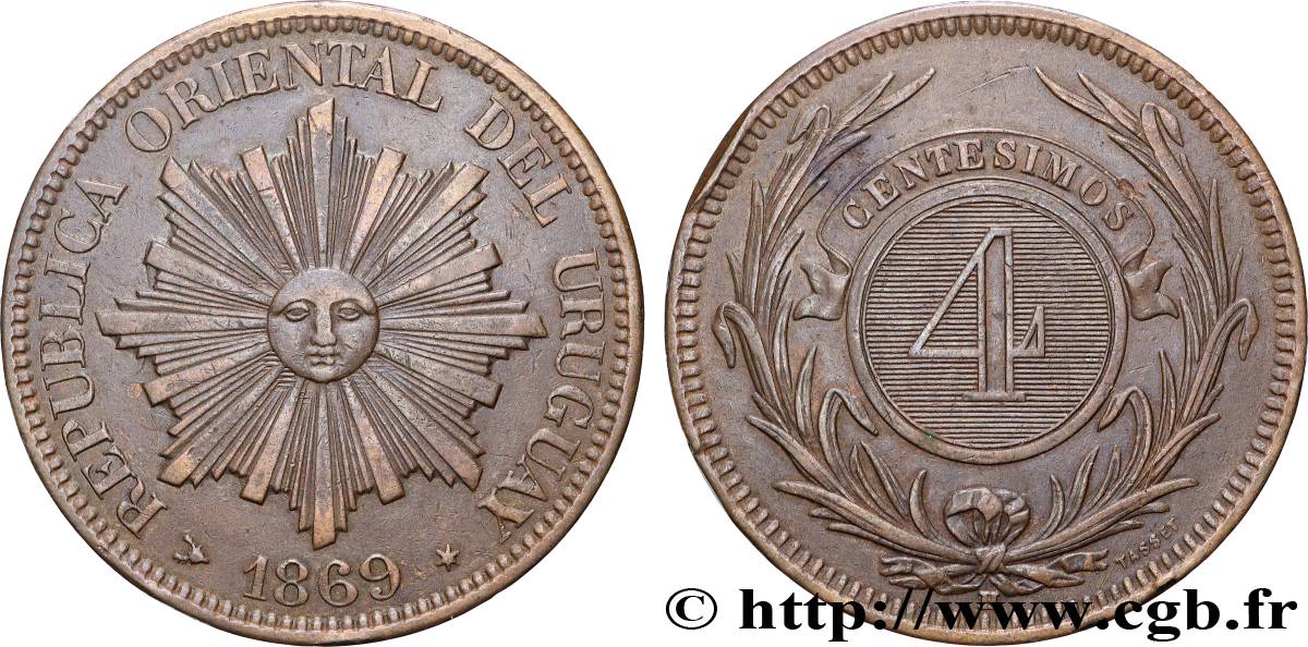 URUGUAY 4 Centesimos 1869 Paris TTB+