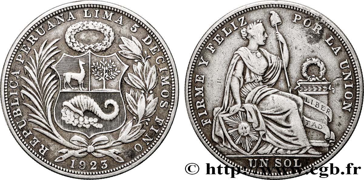 PÉROU 1 Sol “Liberté” 1923 Lima TTB