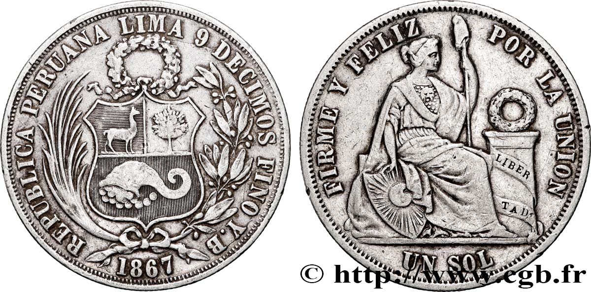 PÉROU 1 Sol “Liberté” assise 1867  TTB