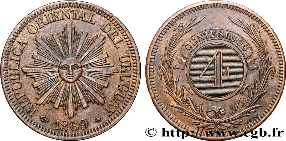 URUGUAY 4 Centesimos 1869 Paris MBC+