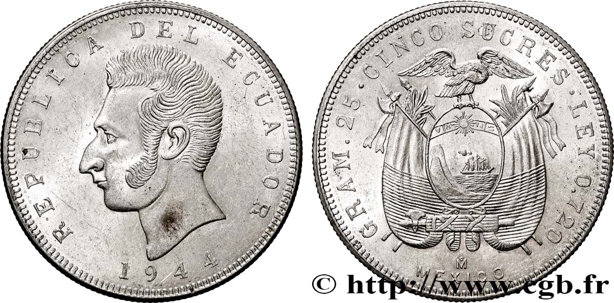 ECUADOR 5 Sucres Antonio Jose de Sucre 1944 Mexico  AU