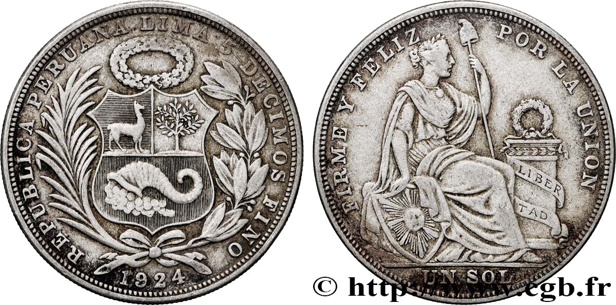 PÉROU 1 Sol emblème / “Liberté” 1924 Lima TTB