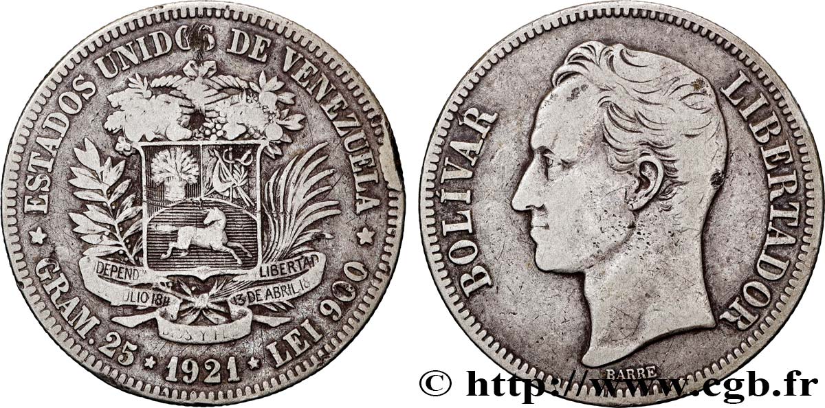 VENEZUELA 5 Bolivares Simon Bolivar 1921 Philadelphie VF