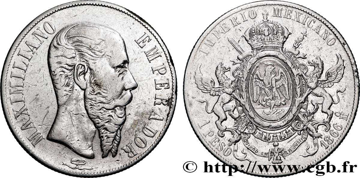 MEXICO - MAXIMILIAN I 1 Peso  1866 Mexico XF