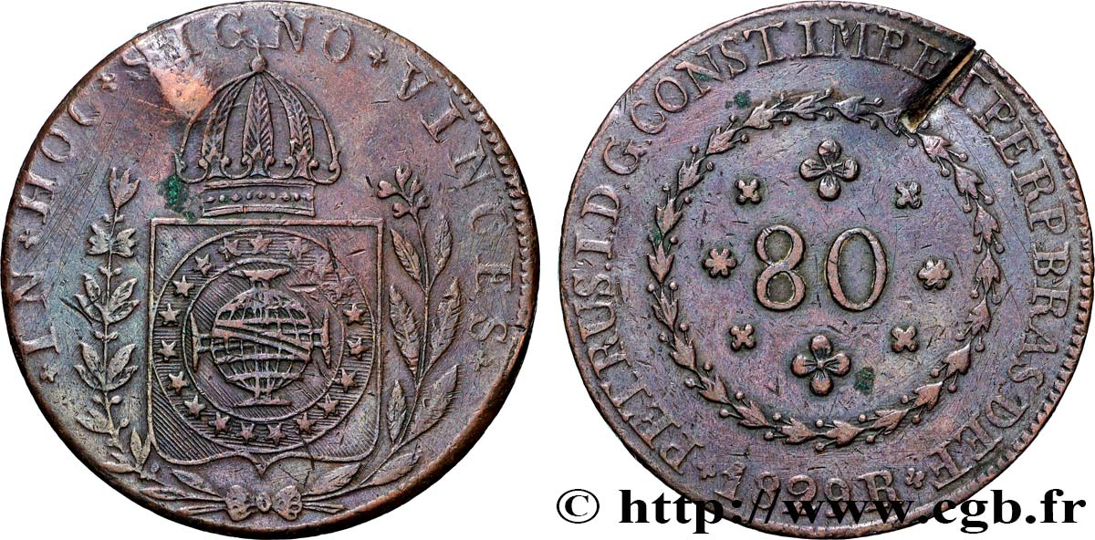 BRÉSIL - EMPIRE DU BRÉSIL - PIERRE Ier 80 Réis  1829 Rio de Janeiro BB