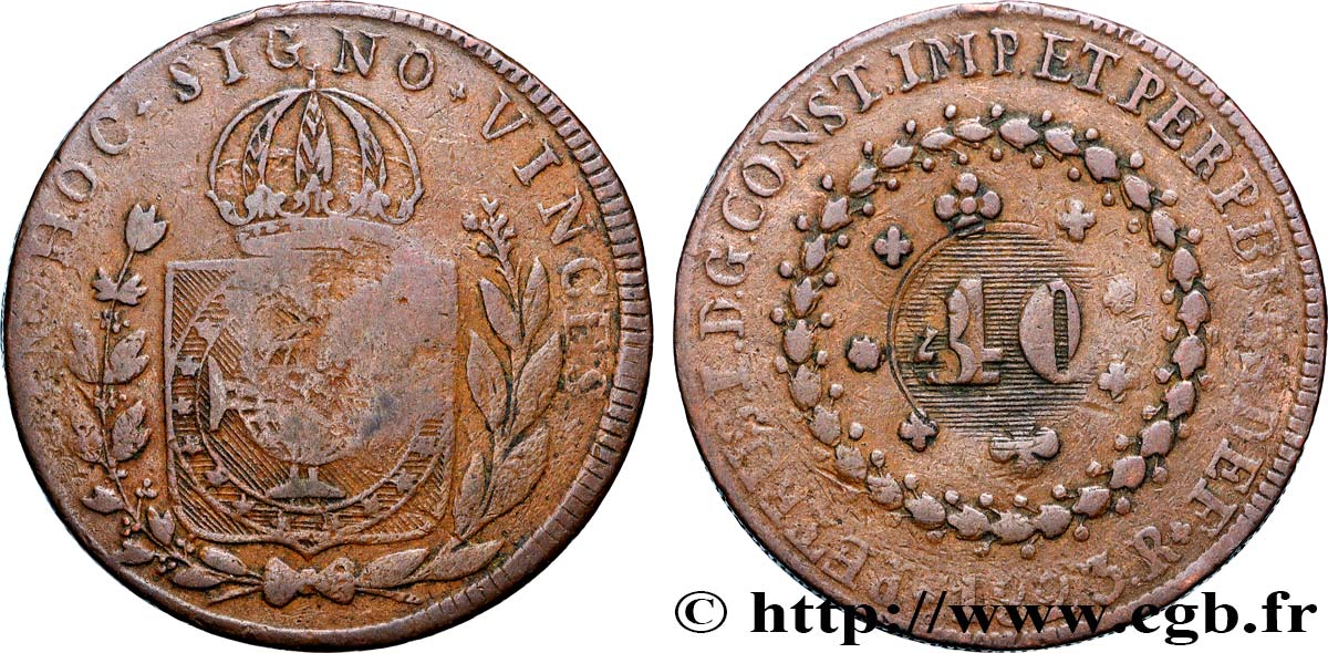 BRÉSIL 40 Réis Pierre II du Brésil contremarqué sur une 80 Réis 1823 (1835) Rio de Janeiro TB+