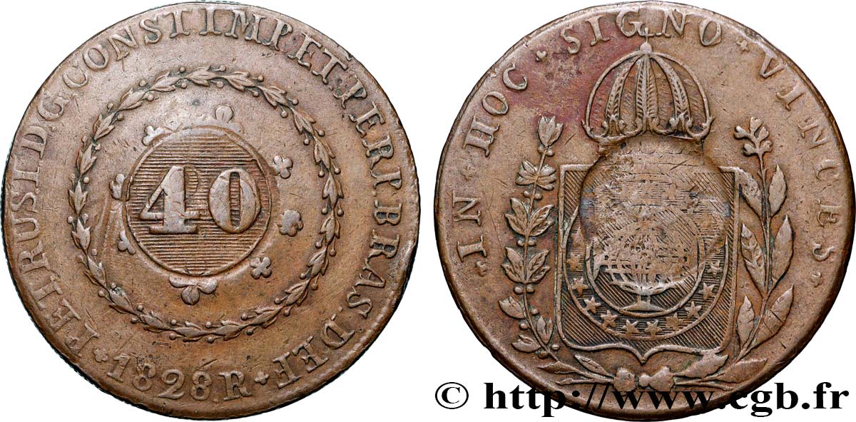 BRASILIEN 40 Réis Pierre II du Brésil contremarqué sur une 80 Réis 1828 (1835) Rio de Janeiro SS