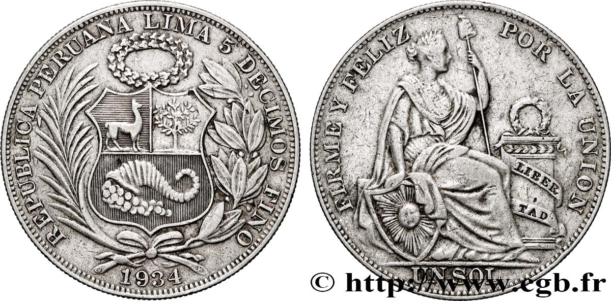 PERU 1 Sol “Liberté” 1934 Lima SS