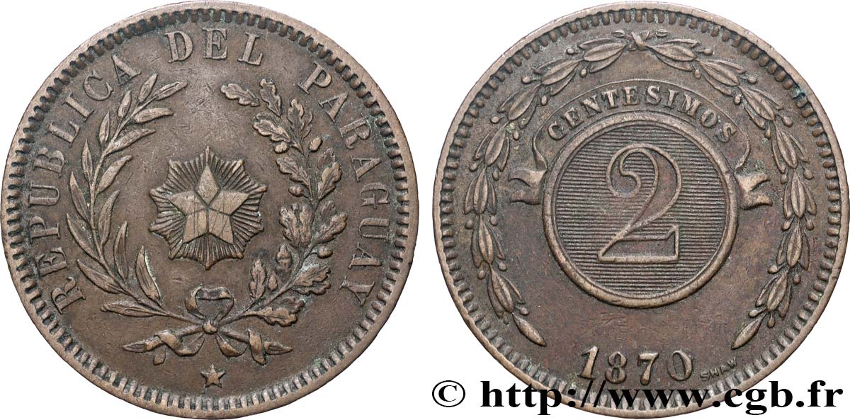 PARAGUAY 2 Centesimos 1870 Birmingham TTB+