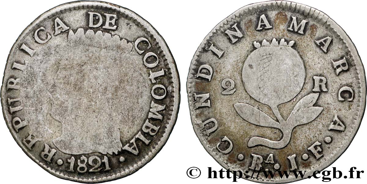 COLOMBIA 2 Reales Province de Cundinamarca : indien / Grenade 1821 Bogota (Santa Fe de Bogotá) VF