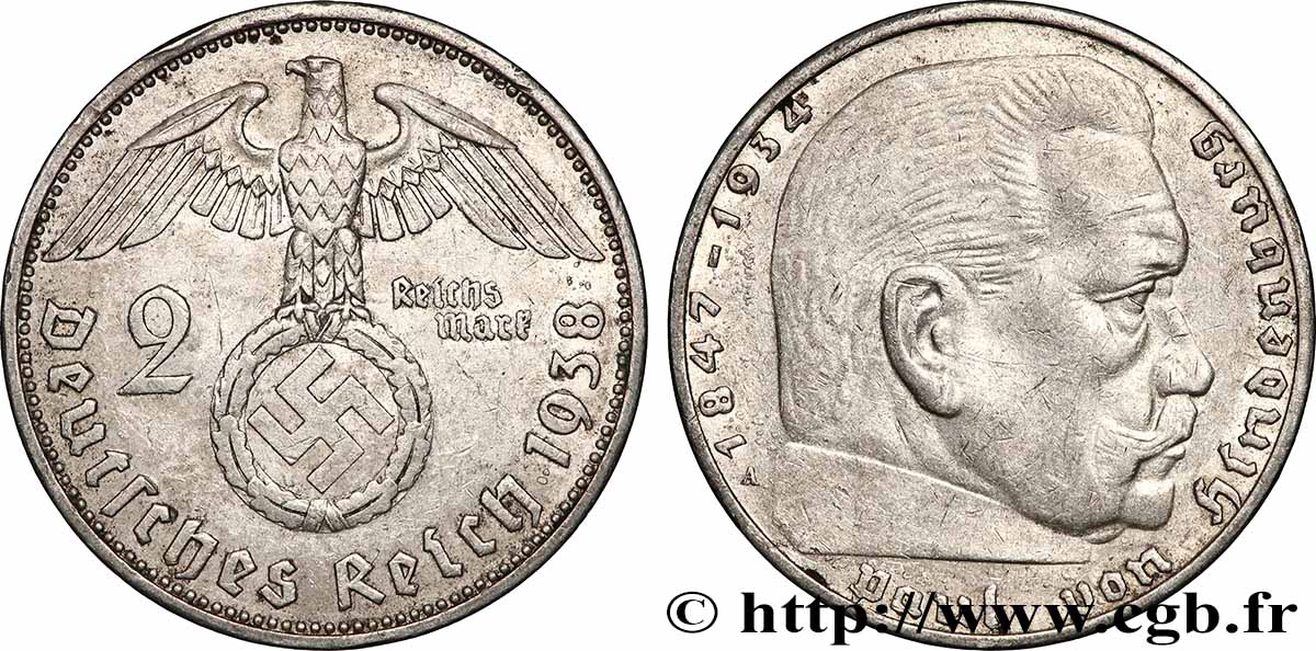 GERMANY 2 Reichsmark Paul von Hindenburg 1938 Berlin XF