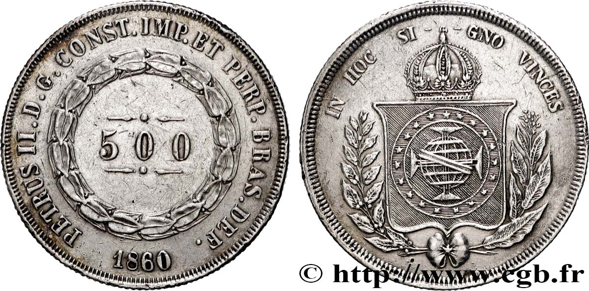 BRAZIL 500 Reis au nom de l’Empereur Pierre II 1860 XF