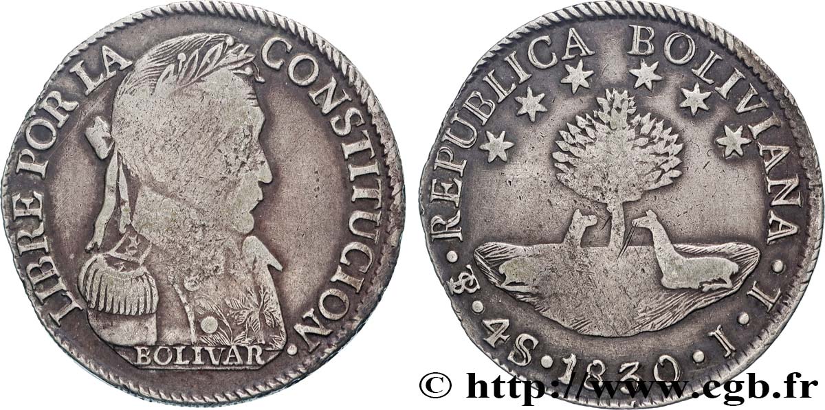 BOLIVIA 4 Soles Bolivar 1830 Potosi XF