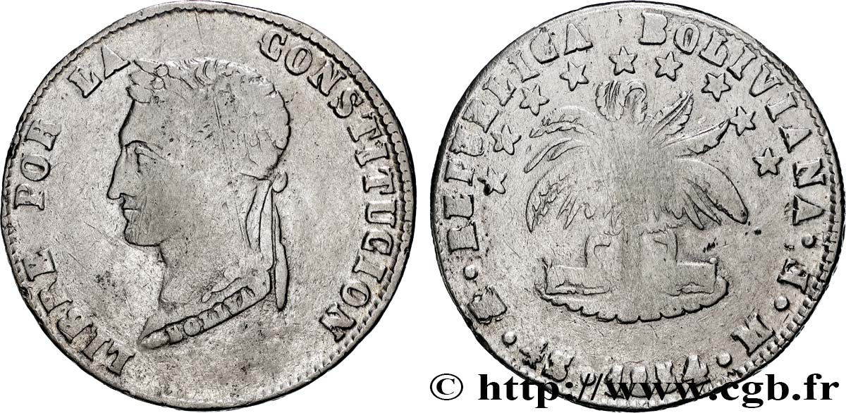 BOLIVIA 4 Soles Bolivar 1854 Potosi VF
