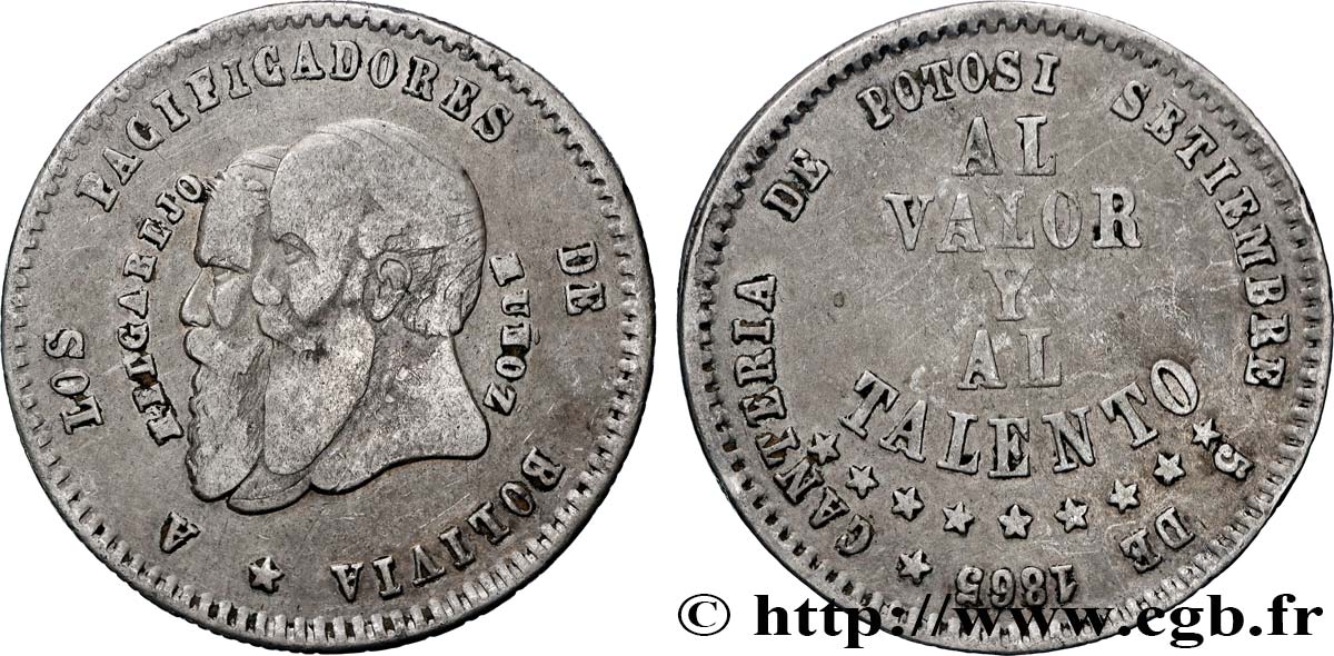 BOLIVIE 1/2 Melgarejo, Général Mariano Melgarejo et Mariano Donato Muñoz 1865 Potosi TB+