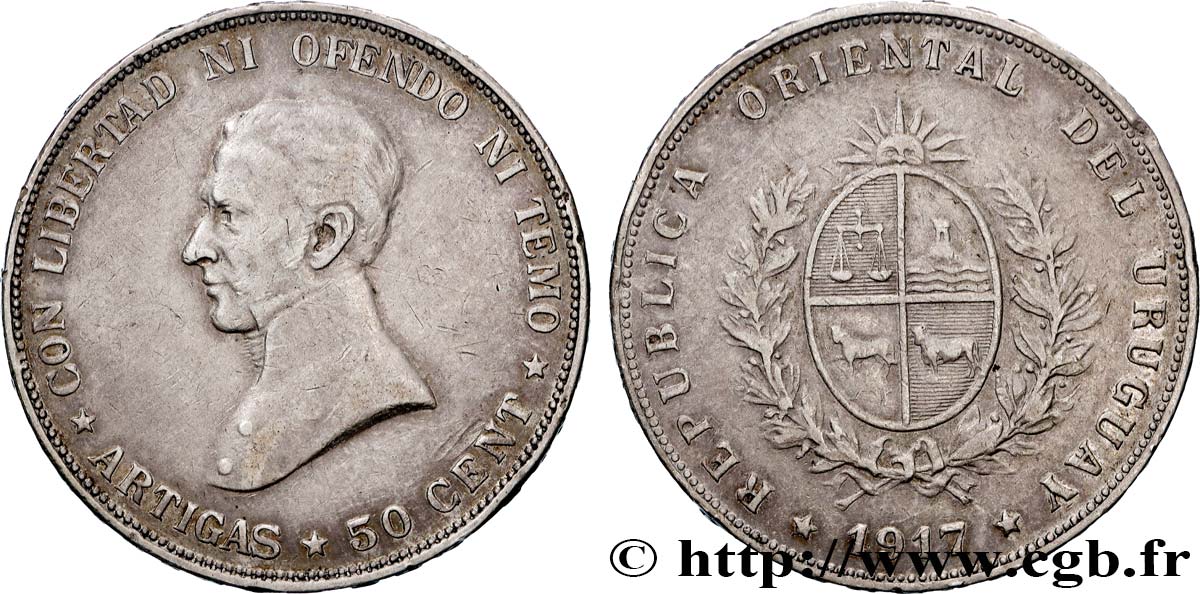 URUGUAY 50 Centimos Gaucho Jose Gervasio Artigas 1917 XF