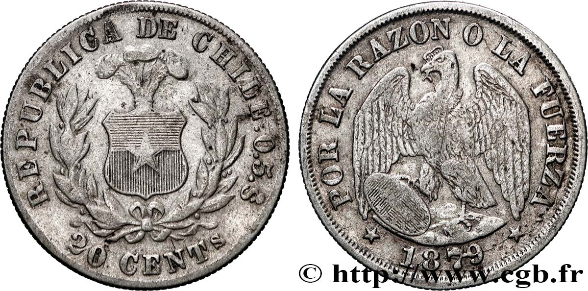 CHILI 20 Centavos 1879 Santiago TTB