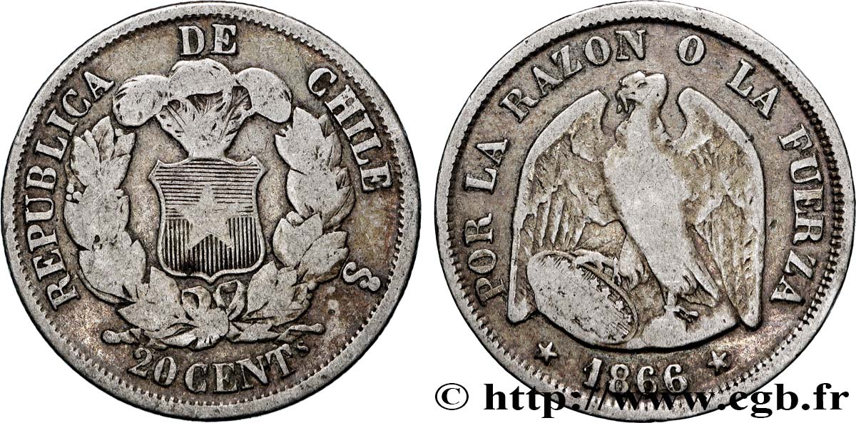 CHILI 20 Centavos Condor 1866 Santiago TB+