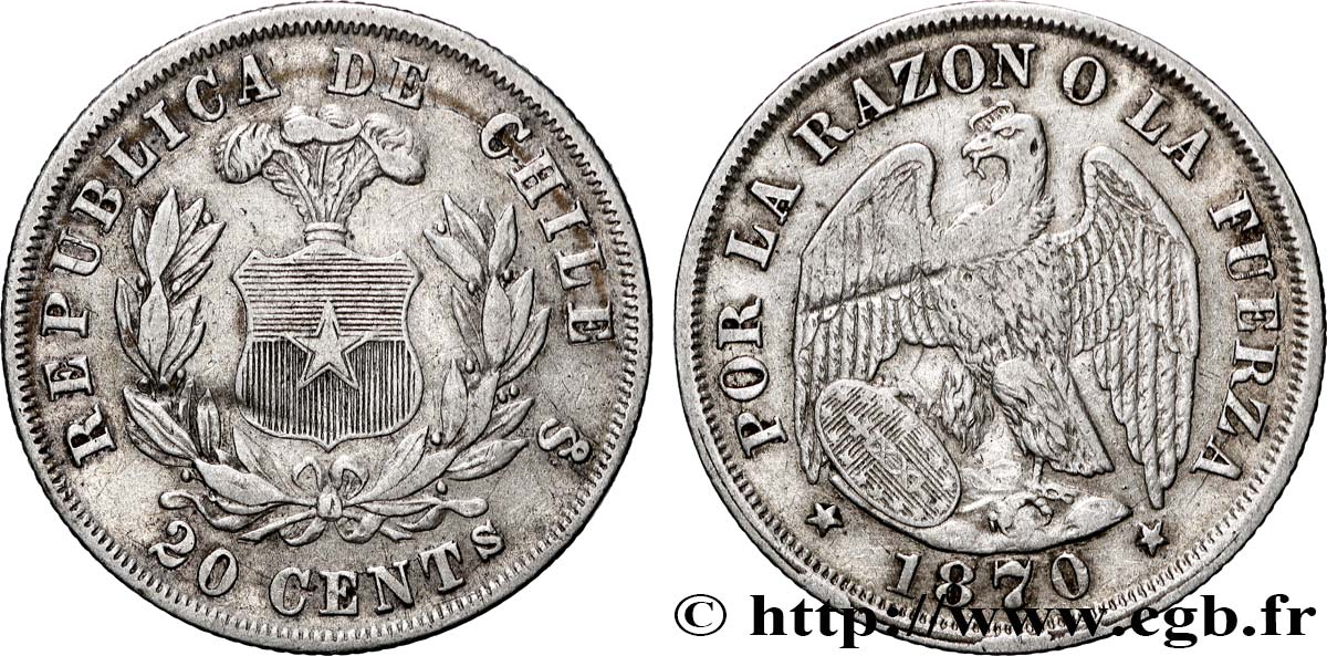 CHILE 20 Centavos condor 1870 Santiago XF