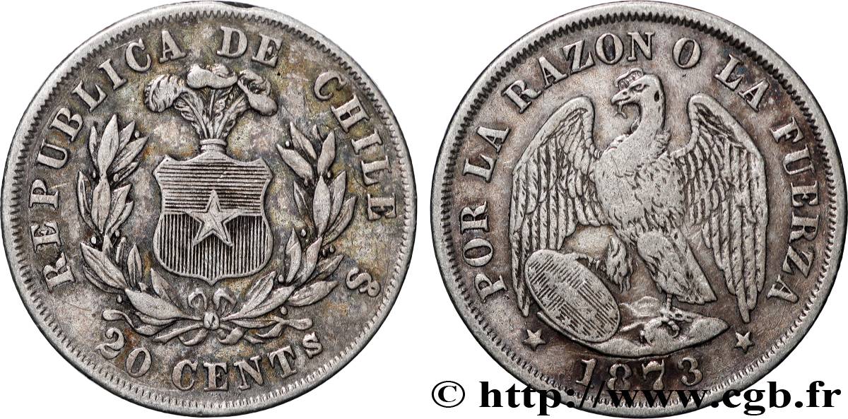 CHILE 20 Centavos 1873 Santiago XF