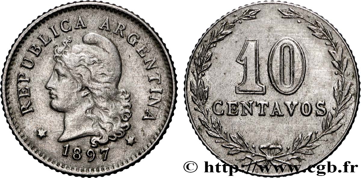 ARGENTINA 10 Centavos Liberté au bonnet 1897 XF