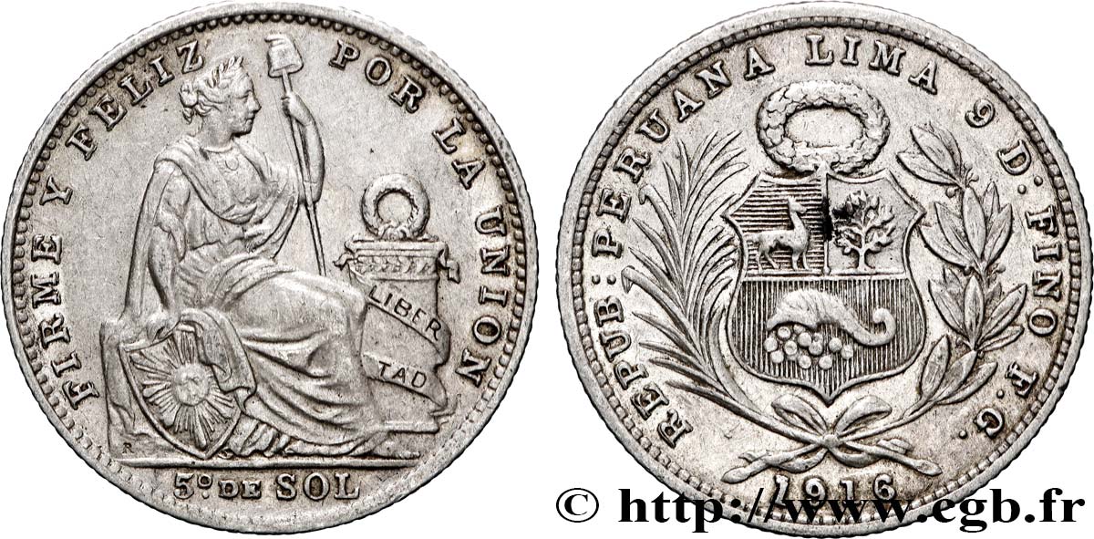 PÉROU 1/5 Sol “Liberté” 1914 Lima TTB+