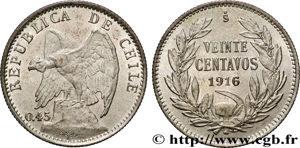 CHILE
20 Centavos Condor 1916 Santiago - S° VZ