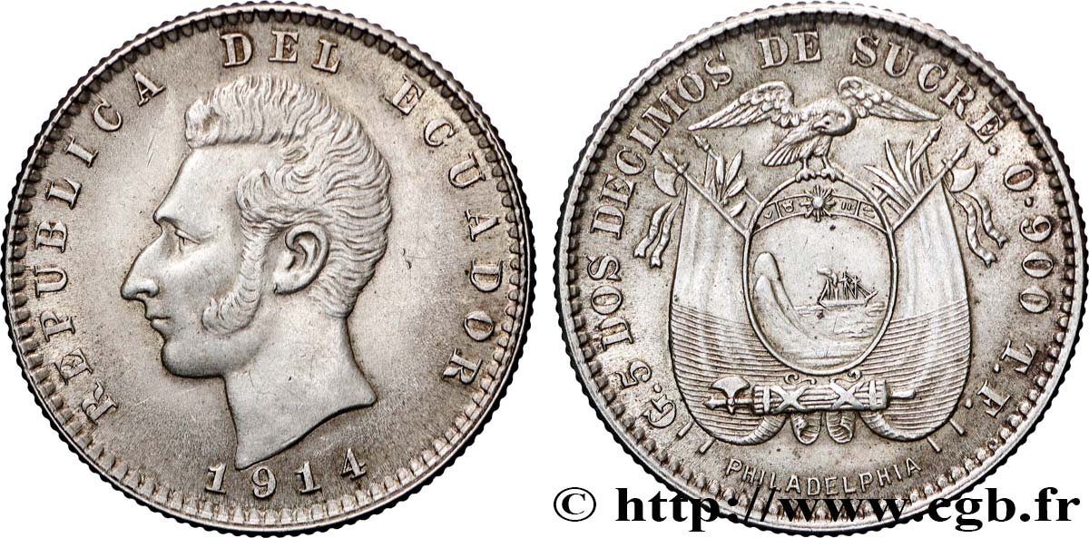 ECUADOR 2 Decimos de Sucre Antonio Jose de Sucre 1914 Philadelphie AU