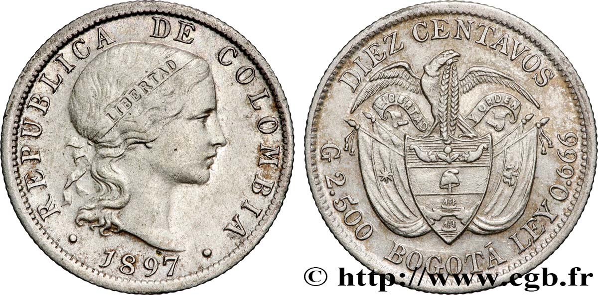 COLOMBIA 10 Centavos 1897 Bruxelles AU