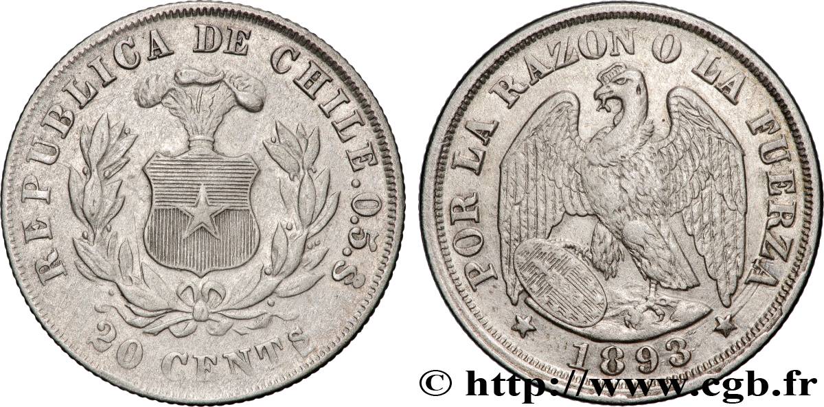 CHILE
20 Centavos emblème / condor 1893 Santiago - S° SS