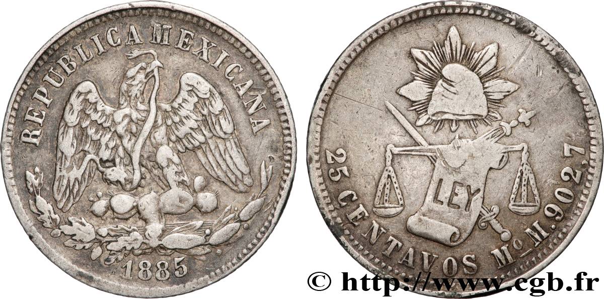 MEXICO 25 Centavos 1885 Mexico XF