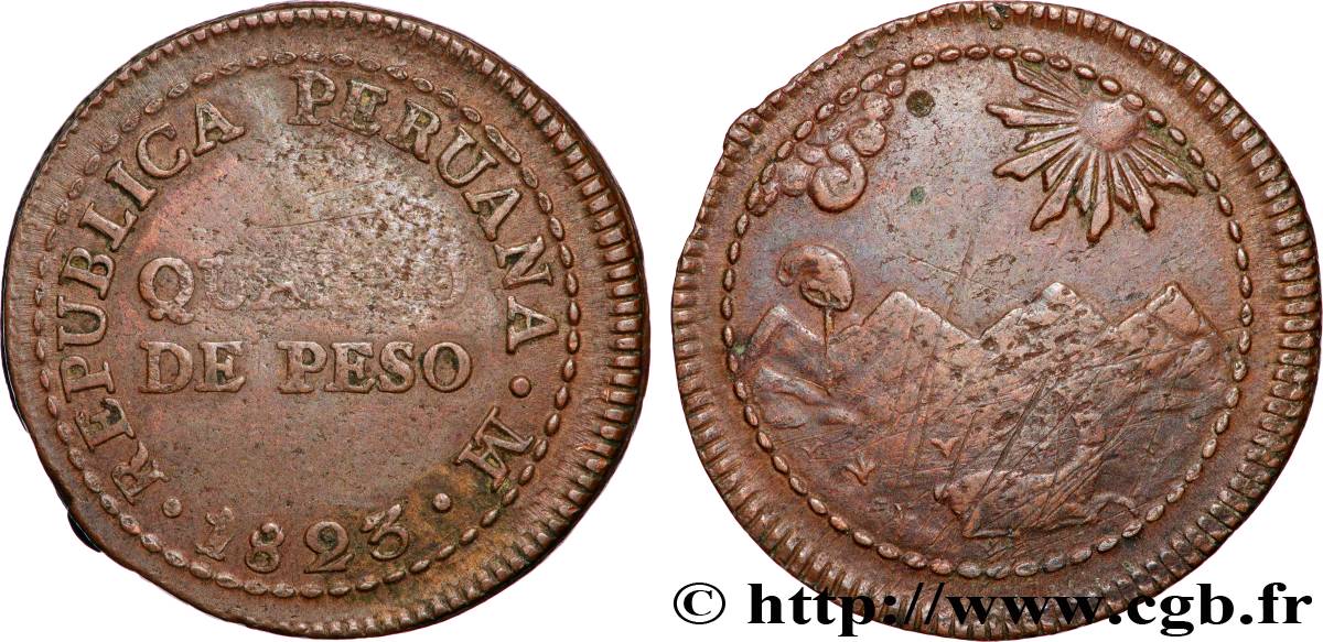 PÉROU 1/4 Peso monnayage provisoire républicain 1823 Lima TB+
