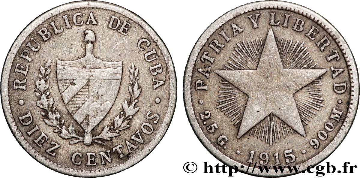 CUBA 10 Centavos emblème 1920 Philadelphie TTB