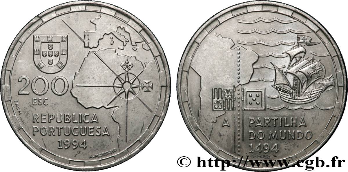 PORTUGAL 200 Escudos la partition du Monde en 1494 1994 Lisbonne AU