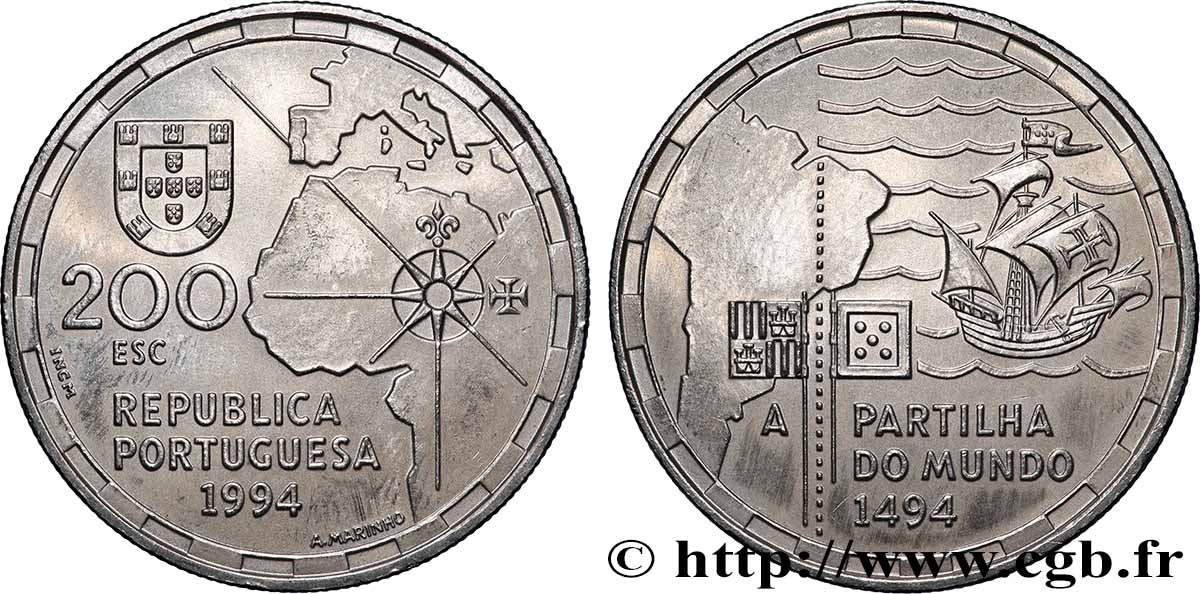 PORTUGAL 200 Escudos la partition du Monde en 1494 1994 Lisbonne VZ