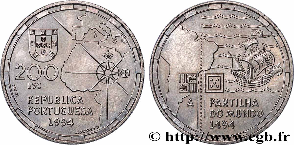 PORTUGAL 200 Escudos la partition du Monde en 1494 1994 Lisbonne AU