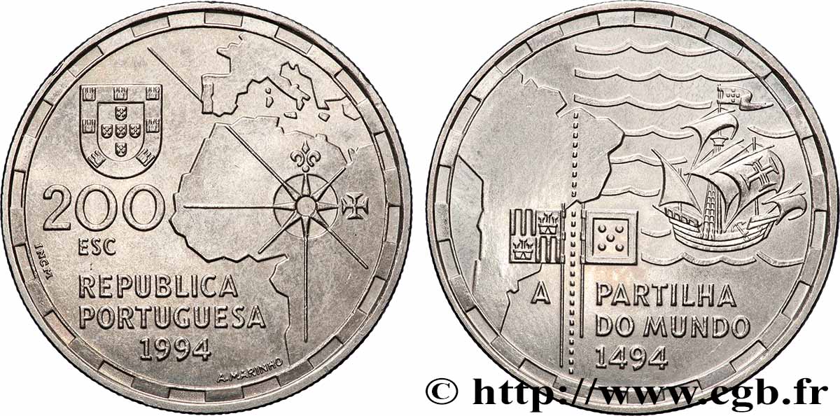 PORTUGAL 200 Escudos la partition du Monde en 1494 1994 Lisbonne SUP