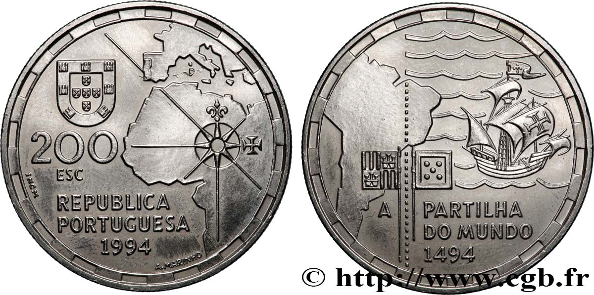 PORTUGAL 200 Escudos la partition du Monde en 1494 1994 Lisbonne SUP