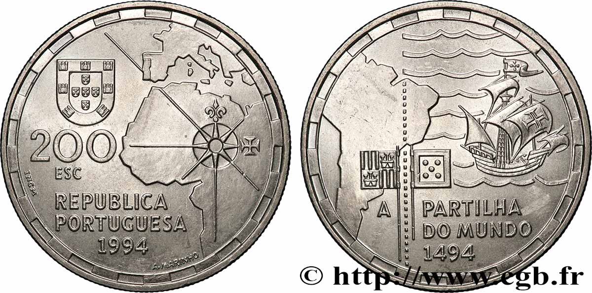 PORTUGAL 200 Escudos la partition du Monde en 1494 1994 Lisbonne SUP