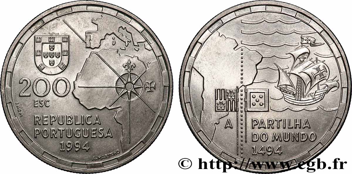 PORTUGAL 200 Escudos la partition du Monde en 1494 1994 Lisbonne VZ