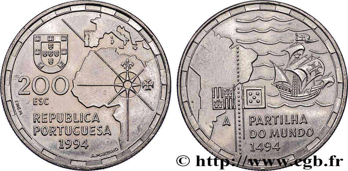 PORTUGAL 200 Escudos la partition du Monde en 1494 1994 Lisbonne SUP