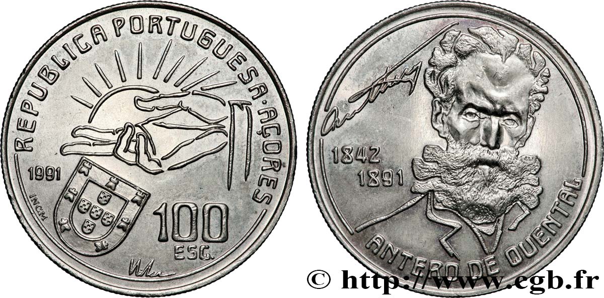 AZORES 100 Escudos 100e anniversaire de la mort du poète Antero de Quental 1991 Lisbonne AU