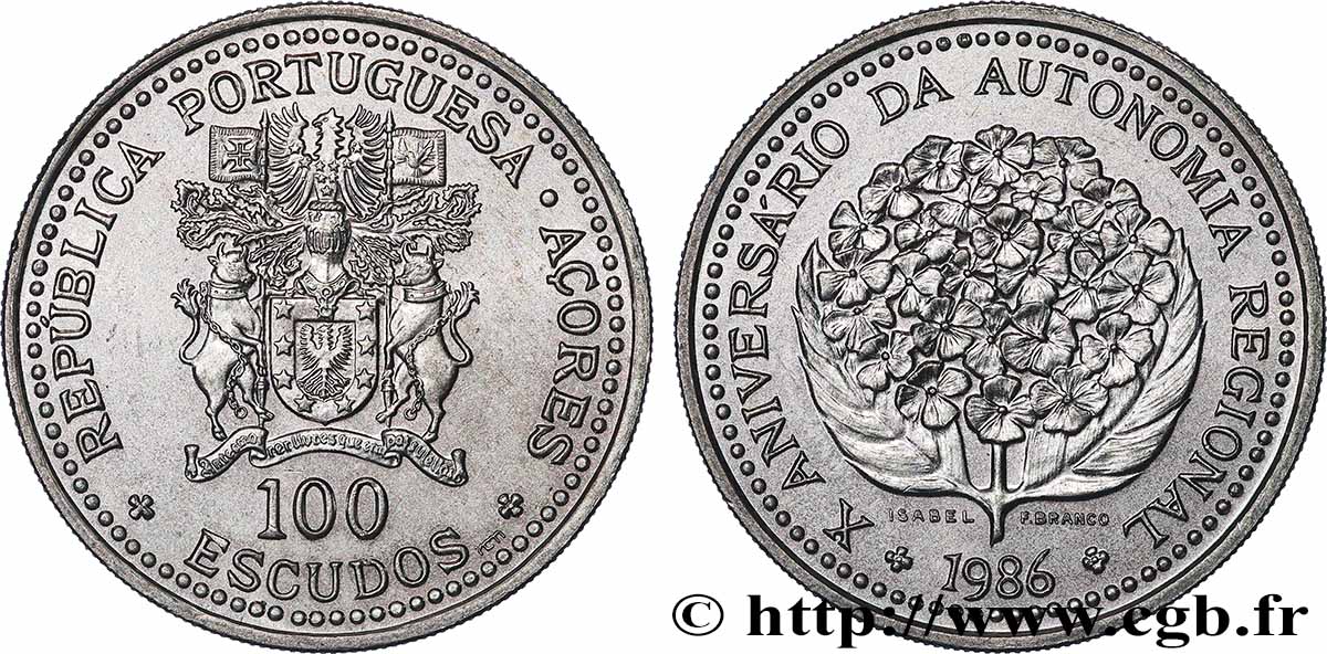 AZOREN 100 Escudos 10e anniversaire de l’autonomie régionale des Açores 1986 Lisbonne VZ
